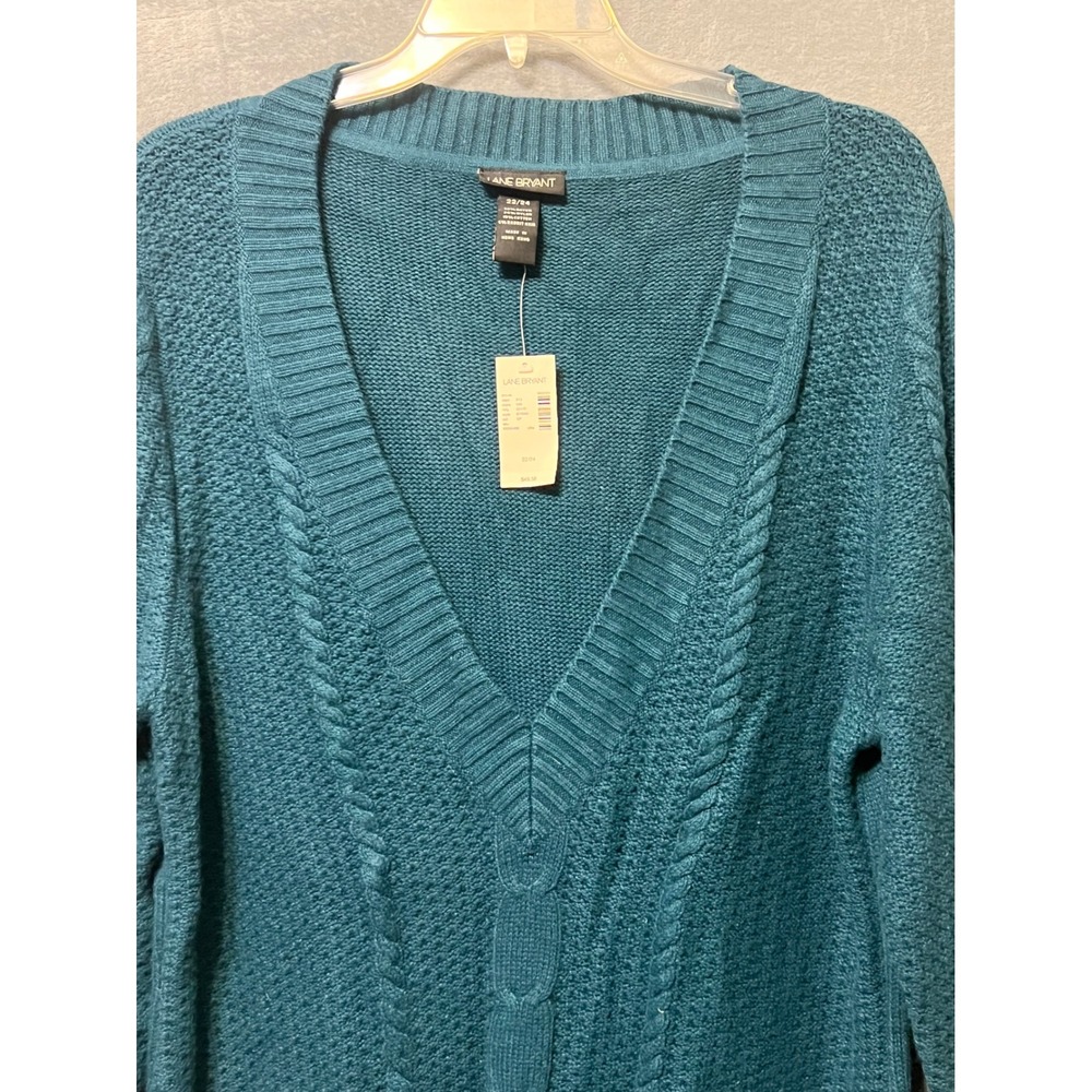 Lane Bryant 22/24 Teal Cable Knit Longline V Neck Sweater Rabbit Hair NWT Y2K - Picture 2 of 7